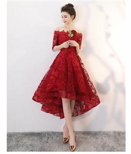 Picture of Wine Red Color Lace High Low Lovely Short Off Shoulder Party Dresses, High Low Homeocming Dresses Prom Dresses